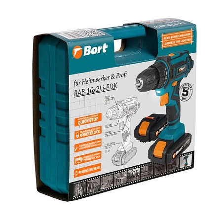 Дрель-шуруповерт Bort BAB-16X2LI-FDK 93413533 (с 2-мя АКБ, кейс)