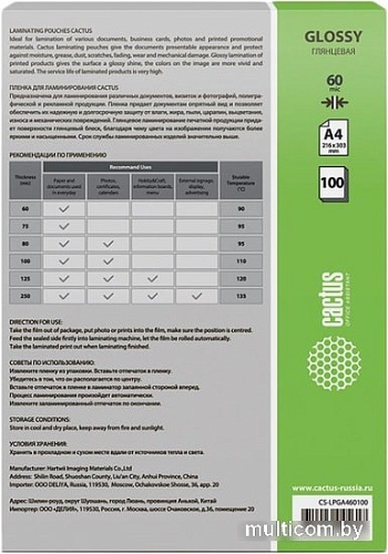 Пленка для ламинирования CACTUS глянцевая A4, 60 мкм, 100 л