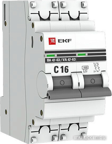 Выключатель автоматический EKF ВА 47-63 2P 16А (C) 4.5kA PROxima mcb4763-2-16C-pro