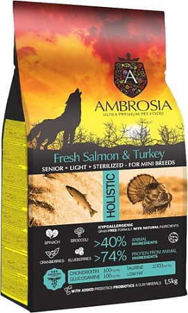 Сухой корм для собак Ambrosia Senior & Sterilized Mini Breeds Fresh Salmon & Turkey (для пожилых, стерилизованных мини-пород с лососем и индейкой) 1.5 кг
