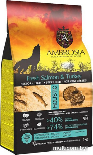 Сухой корм для собак Ambrosia Senior & Sterilized Mini Breeds Fresh Salmon & Turkey (для пожилых, стерилизованных мини-пород с лососем и индейкой) 5 кг
