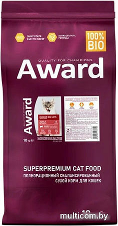 Сухой корм для кошек Award Adult Indoor Big Сats (для крупных пород с говядиной и курицей с добавлением брокколи и Юкки Шидигера) 10 кг