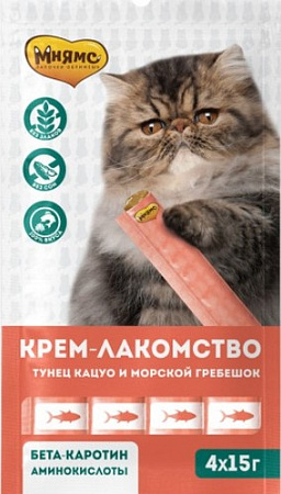 Лакомство для кошек Мнямс Крем-лакомство с тунцом Кацуо и морским гребешком 15 г (4 шт)