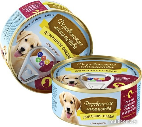 Консервированный корм для собак Деревенские лакомства Сочный цыпленок с языком и шпинатом 100 г