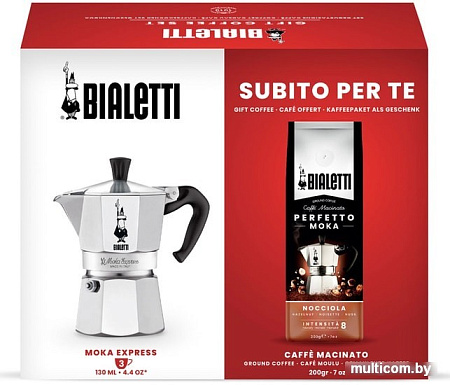 Гейзерная кофеварка Bialetti Moka Express (3 порции + кофе молотый Nocciola 200 гр)