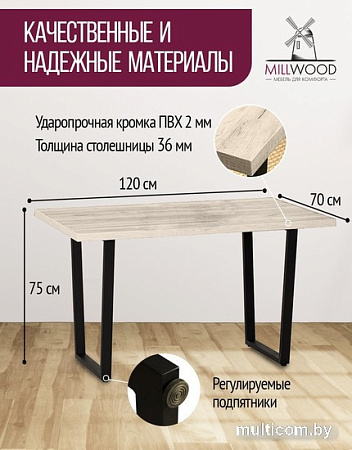 Кухонный стол Millwood Лофт Уэльс Л 120x70x75 (36 мм, бетон/металл черный)