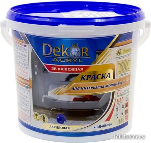 Краска Dekor ВД-АК-216 для интерьеров моющаяся (белоснежный, 7 кг)