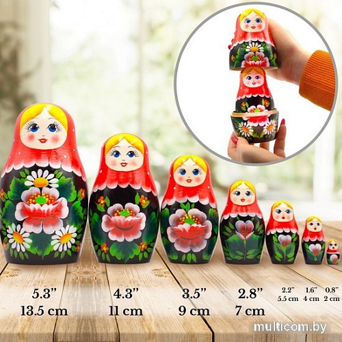 Развивающая игра Брестская Матрешка В красном платке с ромашками и маками (набор 7 шт)