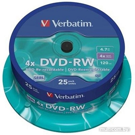 DVD+RW диск Verbatim 4.7Gb 4x Verbatim DLP Silver по 25 шт. CakeBox 43639
