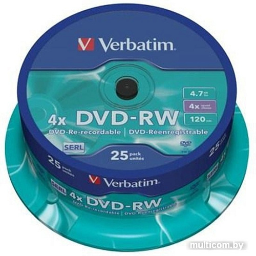 DVD+RW диск Verbatim 4.7Gb 4x Verbatim DLP Silver по 25 шт. CakeBox 43639