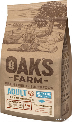 Сухой корм для собак Oak's Farm Беззерновой для взрослых собак всех пород. Белая рыба (2 кг)