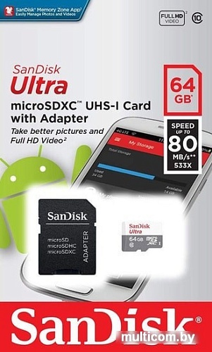 Карта памяти SanDisk Ultra SDSQUNR-064G-GN3MA microSDXC 64GB (с адаптером)