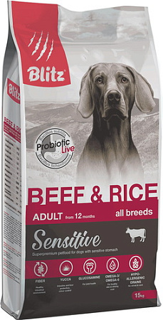Сухой корм для собак Blitz Sensitive Adult All Breeds Beef & Rice (с говядиной и рисом) 15 кг