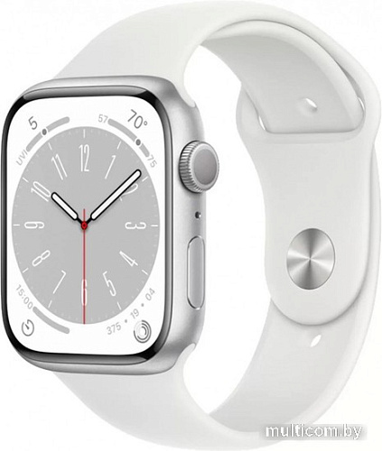 Умные часы Apple Watch Series 8 45 мм (алюминиевый корпус, серебристый/белый, спортивный силиконовый ремешок S/M)