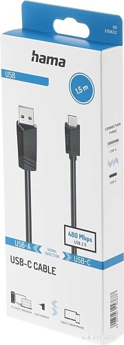 Кабель Hama H-200632 USB Type-A - USB Type-C (1.5 м, черный)