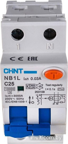 Дифференциальный автомат Chint NB1L 1P+N C25 30mA AC 10KA (36mm) (R)