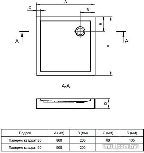 Душевой поддон Santek Палермо 90х90 1.WH30.2.476