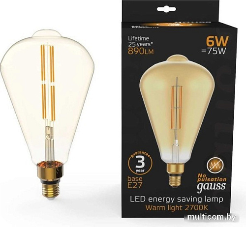 Светодиодная лампочка Gauss Filament ST164 E27 6W 890lm 2700K golden straight 157802118
