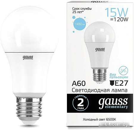Светодиодная лампа Gauss LED Elementary A60 15W E27 6500K 23235