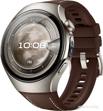 Умные часы Huawei Watch 5 46 мм (титановый, с коричневым силиконовым ремешком, международная версия)
