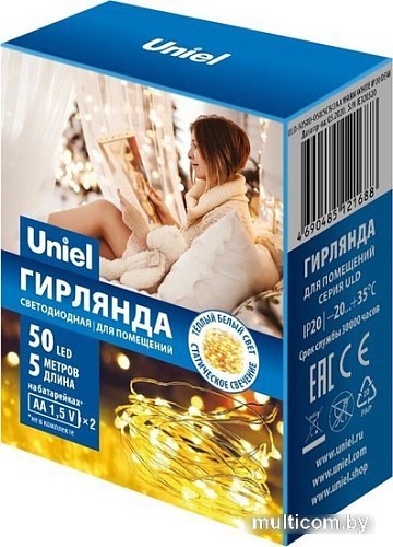 Новогодняя гирлянда Uniel ULD-S0500-050/SCB/2AA WARM WHITE IP20 DEW UL-00005265