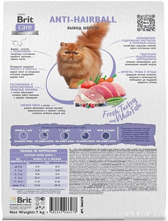 Сухой корм для кошек Brit Care Superpremium Anti-Hairball с белой рыбой и индейкой (вывод шерсти) 7 кг