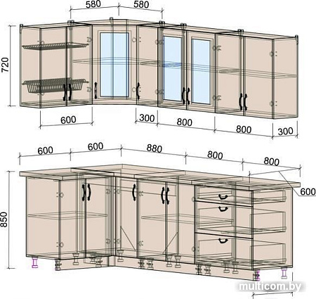 Угловая кухня Интерлиния Мила Крафт 1.2x2.5 (дуб лазурный)