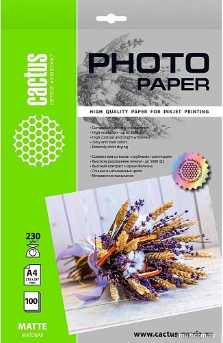 Фотобумага CACTUS Матовая A4 230 г/кв.м. 100 листов CS-MA4230100