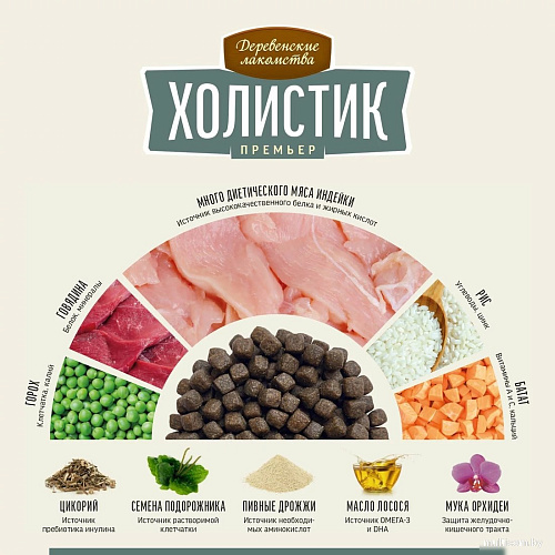 Сухой корм для собак Деревенские лакомства Холистик Премьер. Индейка с рисом 2 кг
