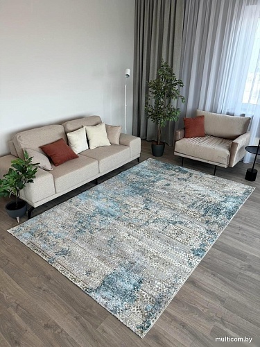 Ковер для жилой комнаты Radjab Carpet Бьянка Прямоугольник D057A 8852RK-B (0.8x1.5, Cream Shirink/Blue Fdy)