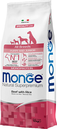 Сухой корм для собак Monge All Breeds Puppy & Junior Monoprotein Beef with Rice (для щенков всех пород с говядиной и рисом) 12 кг