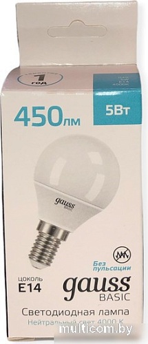 Светодиодная лампочка Gauss Elementary Basic E14 5W 4000K G45 10501252