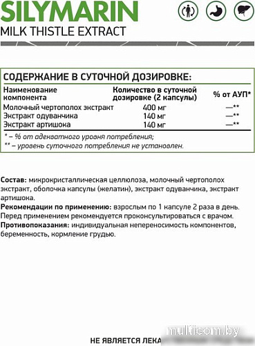 Витамины, минералы NaturalSupp Силимарин (Silymarin), 60 капсул