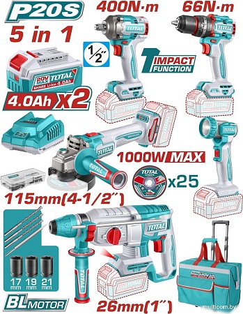 Total TCKLI20592 (шуруповерт, гайковерт, перфоратор, болгарка, фонарь, 2 АКБ, сумка)