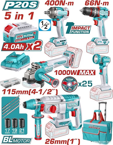 Total TCKLI20592 (шуруповерт, гайковерт, перфоратор, болгарка, фонарь, 2 АКБ, сумка)