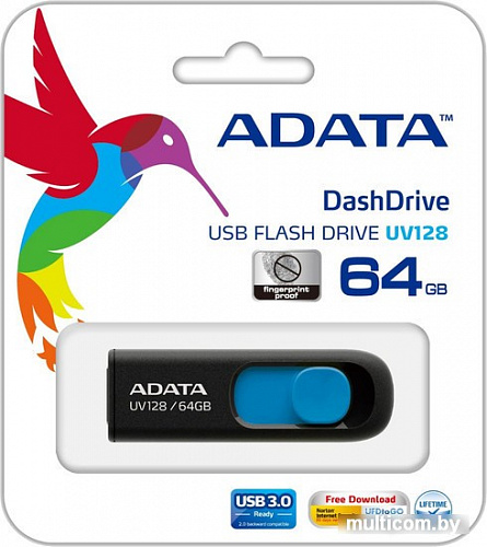 USB Flash A-Data DashDrive UV128 Black/Blue 64GB (AUV128-64G-RBE)