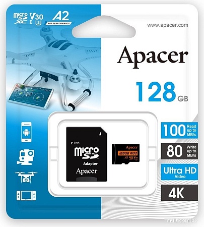 Apacer microSDXC AP128GMCSX10U8-R 128GB (с адаптером)