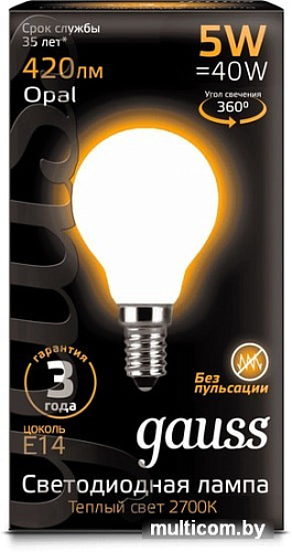 Светодиодная лампа Gauss Filament Globe Opal G45 E14 5 Вт 2700 К 105201105