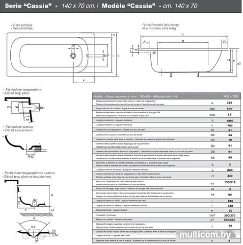 Ванна Smavit Cassia Titanium 140x70 (без ножек)