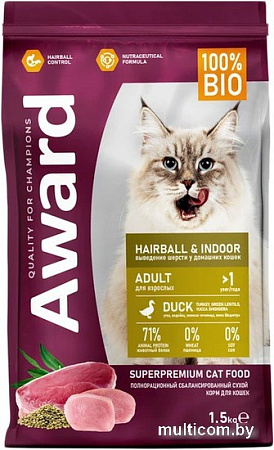 Сухой корм для кошек Award Adult Hairball & Indoor (для выведения шерсти с уткой и индейкой с добавлением зеленой чечевицы и Юкки Шидигера) 1.5 кг
