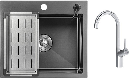 Кухонная мойка Saniteco 5045 Nano + Spike F9S07000 (хром, с сифоном, дозатором и коландером)