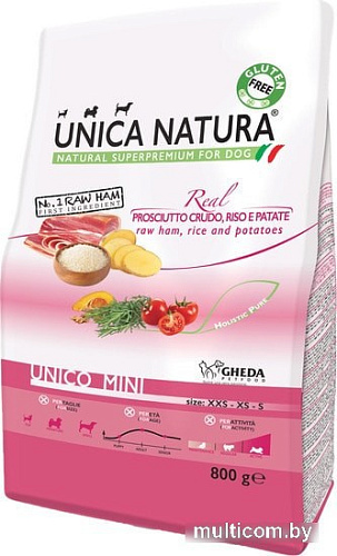 Сухой корм для собак Unica Natura Unico Mini с сыровяленой ветчиной, рисом и картофелем 800 г