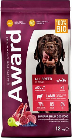 Сухой корм для собак Award Adult All Breed для всех пород с ягненком, индейкой с добавлением яблока и черники 12 кг