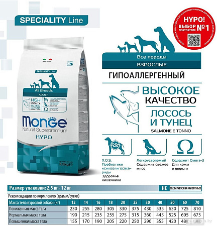 Сухой корм для собак Monge Speciality Line Hypo гипоаллергенный из лосося с тунцом (12 кг)