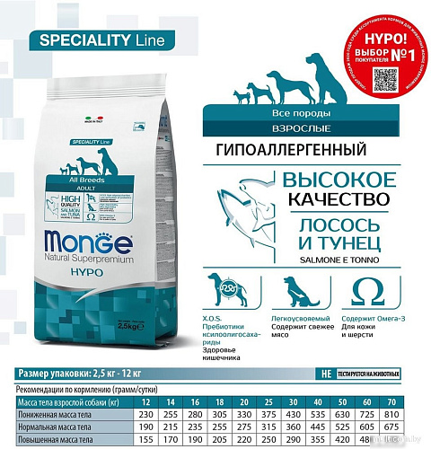 Сухой корм для собак Monge Speciality Line Hypo гипоаллергенный из лосося с тунцом (12 кг)