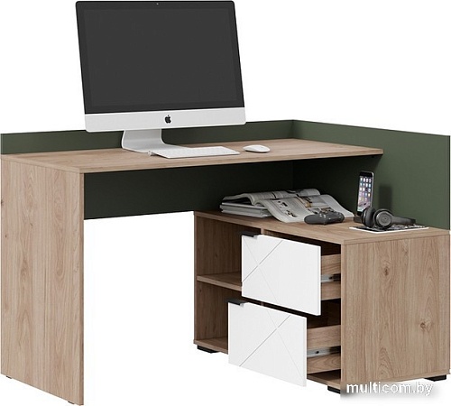 Стол Трия Лео угловой (гикори джексон/белый матовый/дымчатый зеленый)