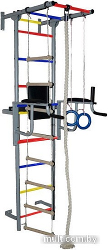 Детский спортивный комплекс Крепыш пристенный с брусьями (ПВХ покрытие, серый/разноцветный)