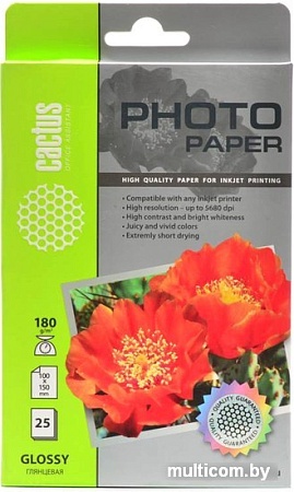 Фотобумага CACTUS Глянцевая A6 180 г/м2 25 листов [CS-GA618025]