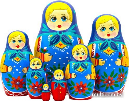 Развивающая игра Брестская Матрешка В синем платке и сарафане с цветочным декором (набор 7 шт)