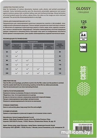 Пленка для ламинирования CACTUS глянцевая A4, 125 мкм, 100 л